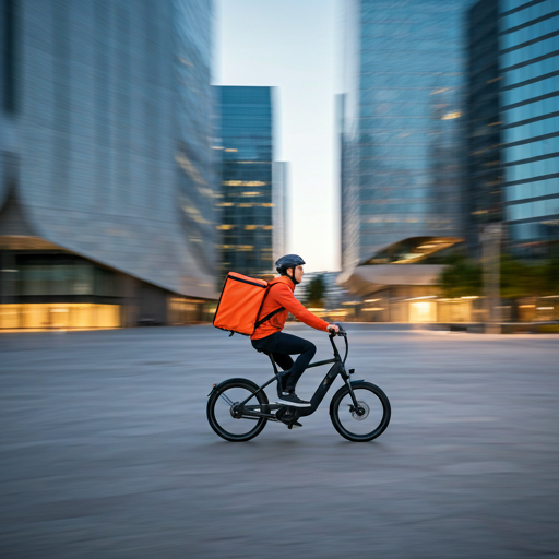A cheerful delivery person on a modern electric bike navigating a vibrant city plaza with modern architecture.
