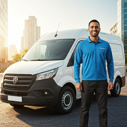 A professional delivery driver in a clean uniform smiling warmly while standing next to a modern white delivery van.