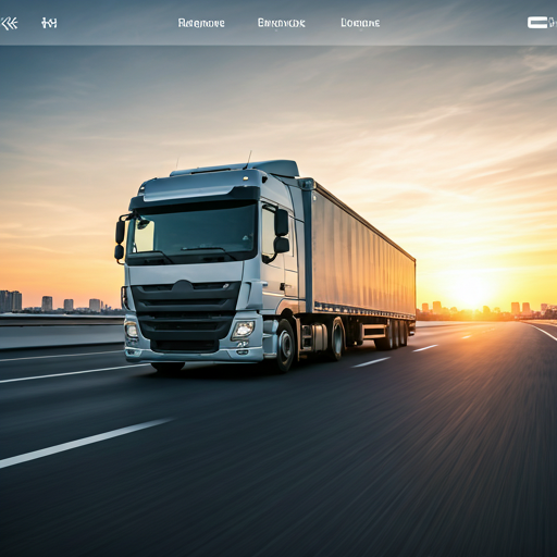 A high-angle shot of a logistics truck driving down a clean highway at sunset.